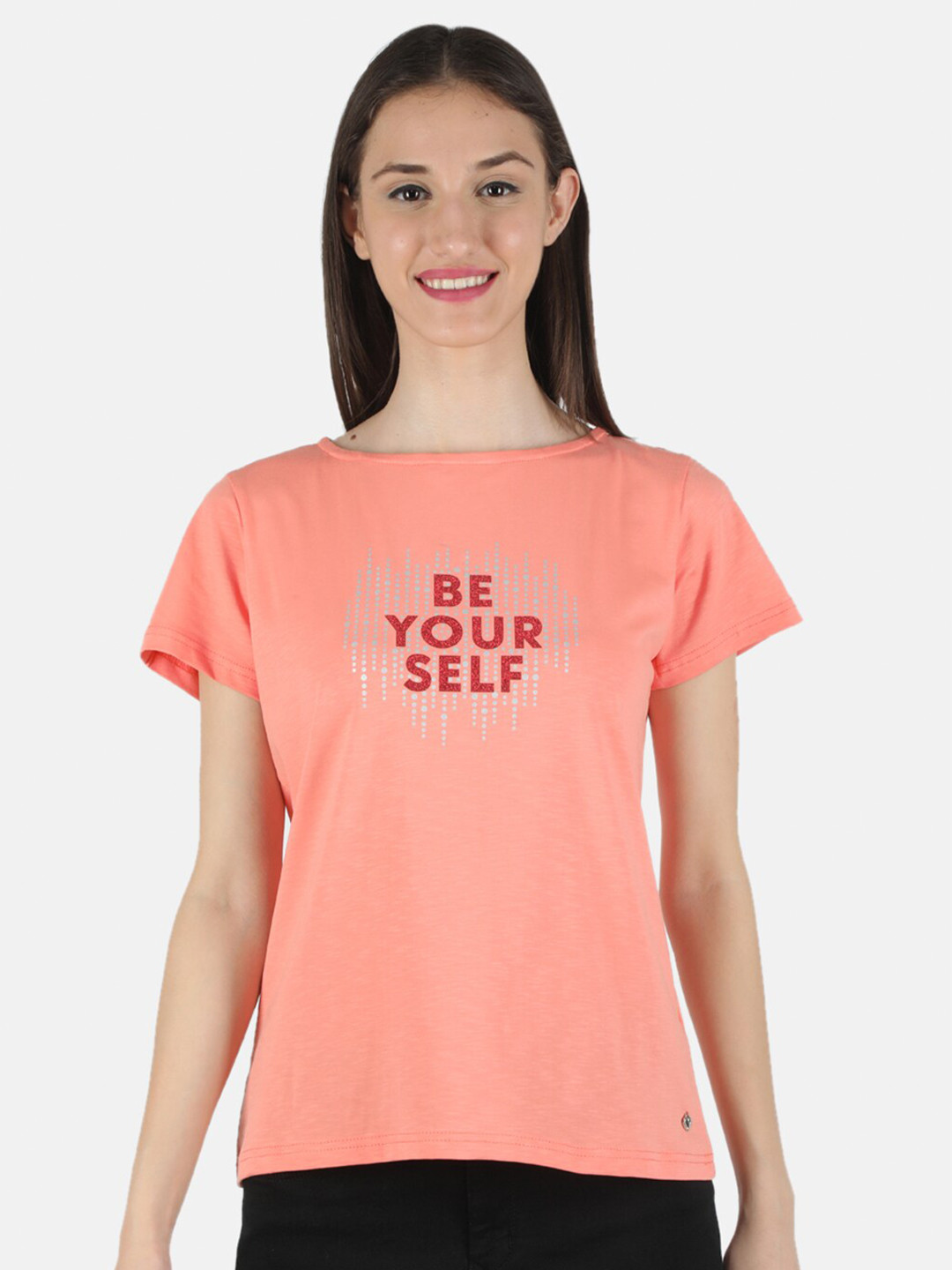 

Monte Carlo Women Peach-Coloured Typography Printed T-shirt