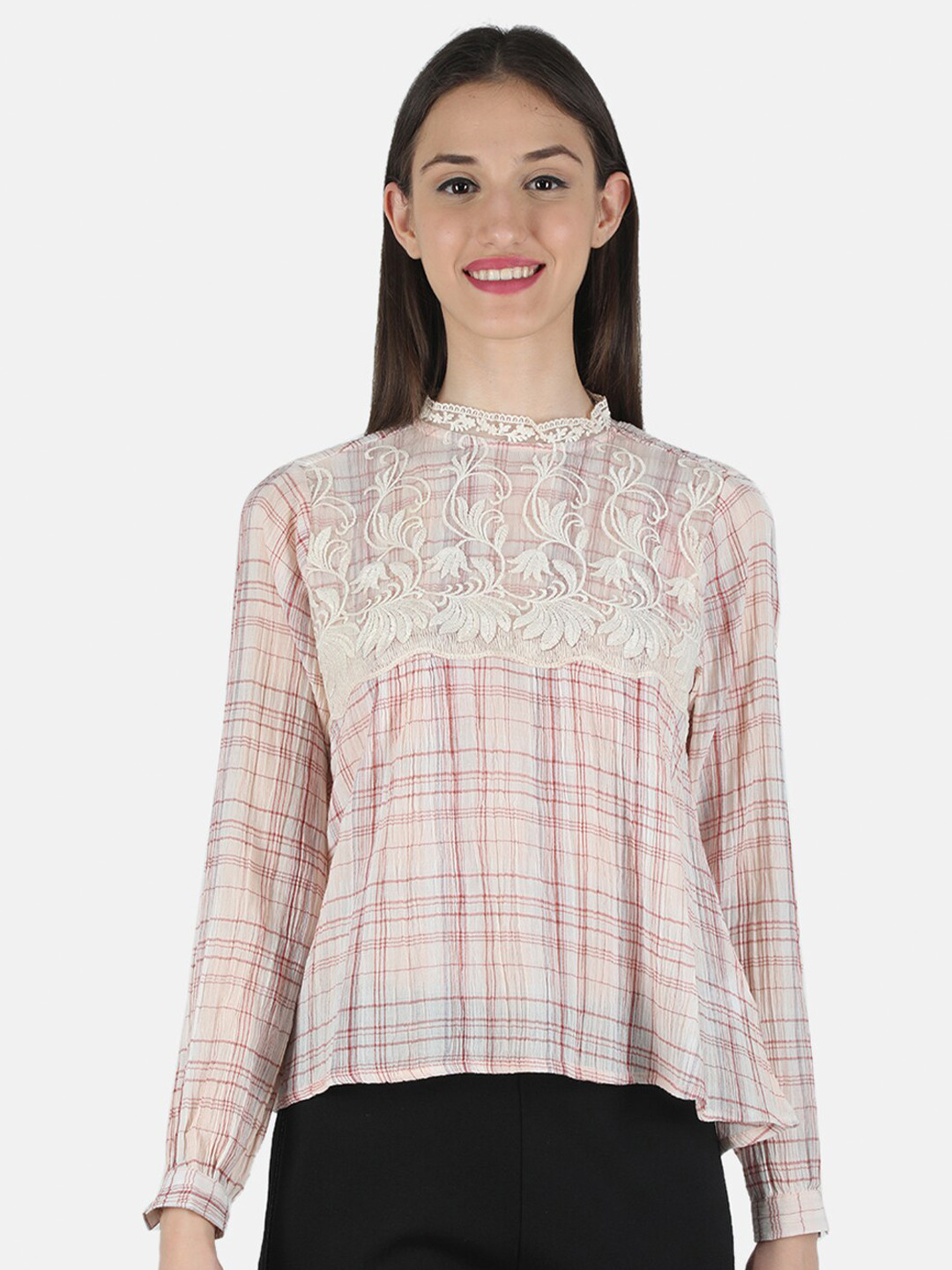 

Monte Carlo Peach-Coloured Checked Mandarin Collar Top