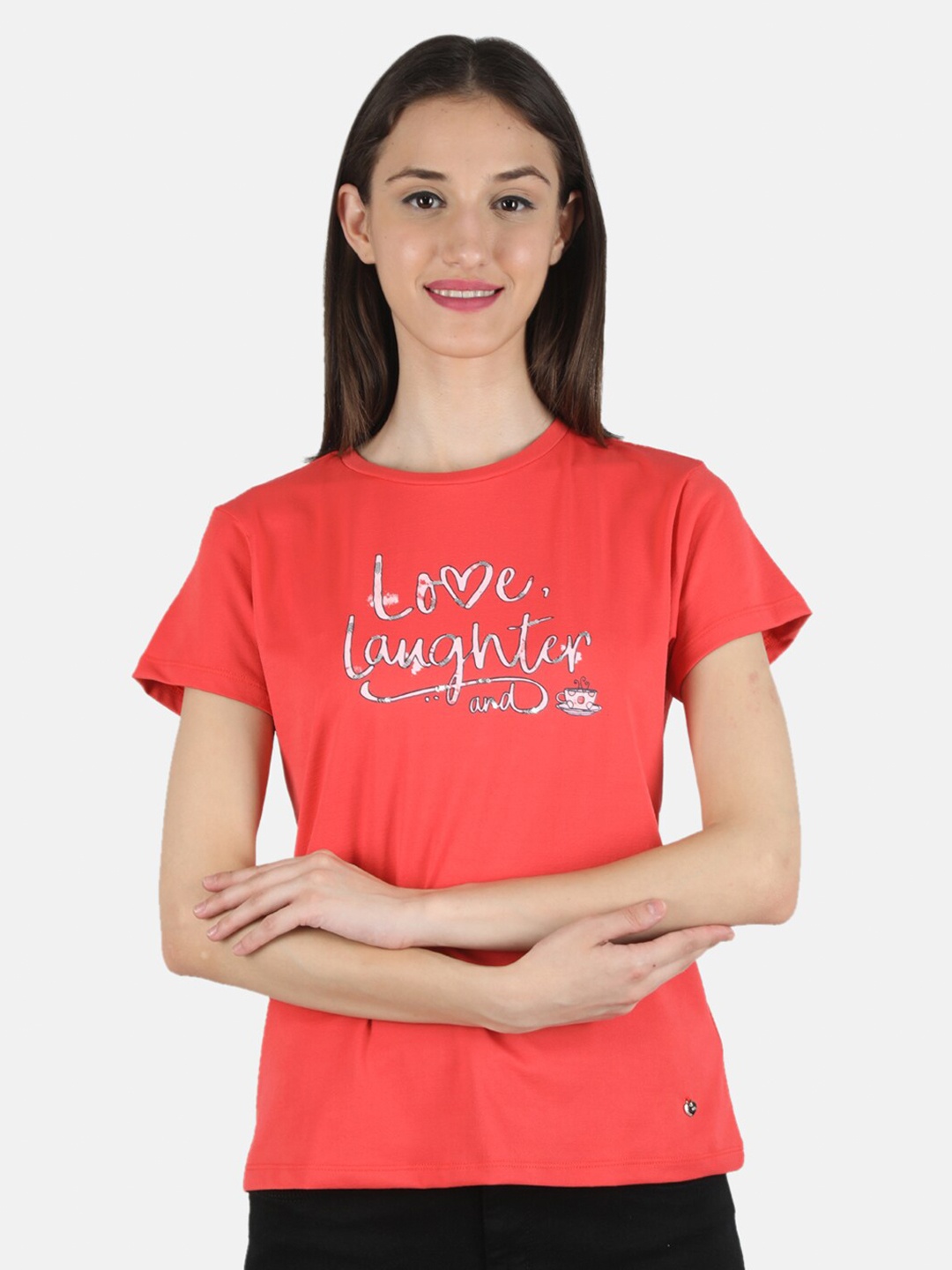 

Monte Carlo Women's Coral Cotton Blend Round Neck Half Sleeve Printed Top