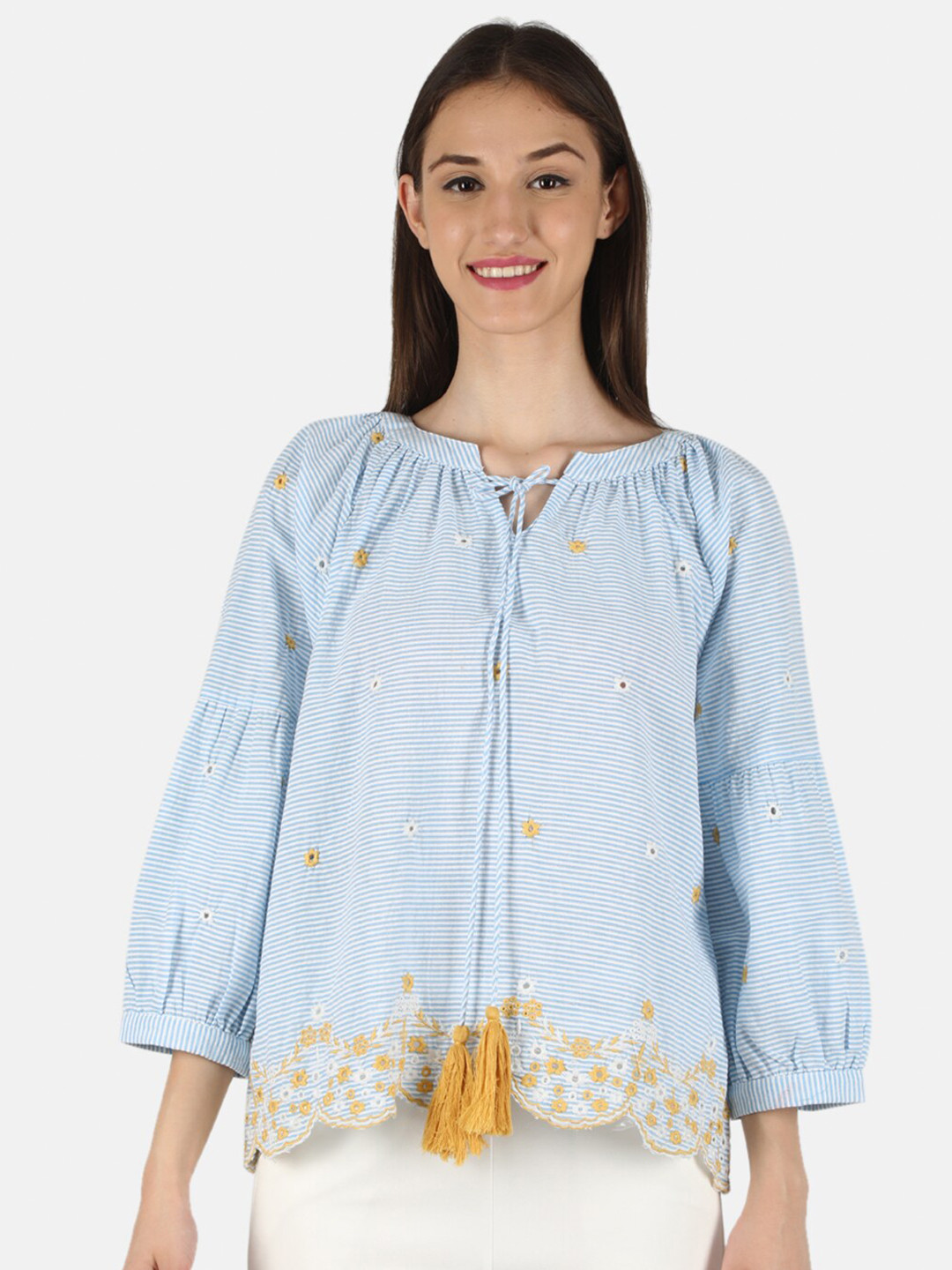 

Monte Carlo Blue & Yellow Floral Striped Tie-Up Neck Top