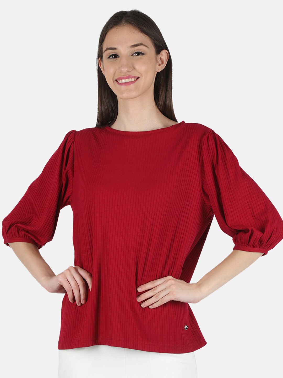 

Monte Carlo Women Maroon Solid Puff Sleeves Top