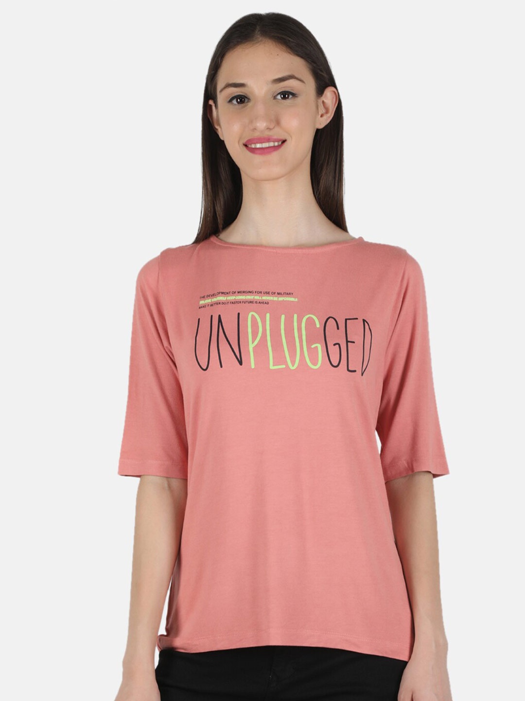 

Monte Carlo Pink Round Neck Short Sleeve Typography Printed Top