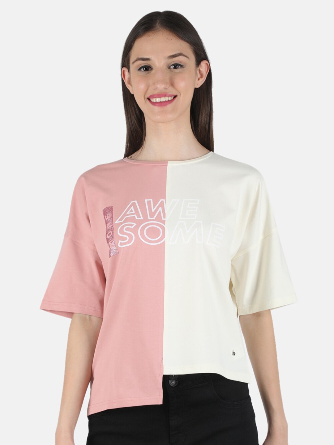 

Monte Carlo Women Cream & Peach Typography Colourblocked Loose T-shirt