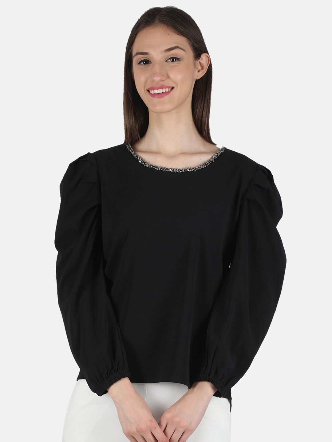 

Monte Carlo Black Cotton Blend Jewel Neck Top