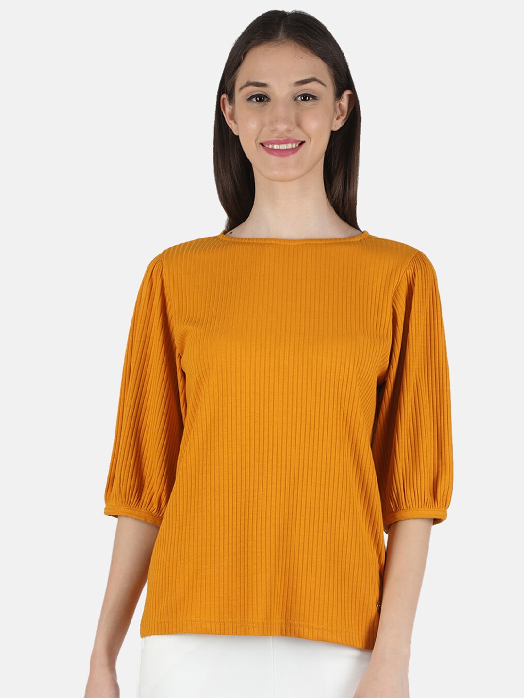 

Monte Carlo Mustard Yellow Ribbed Puff Sleeves Top