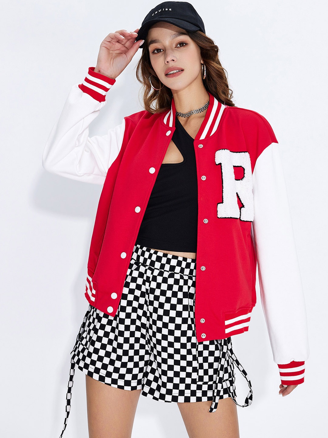 

URBANIC Women Red White Typography Bomber with Patchwork Jacket