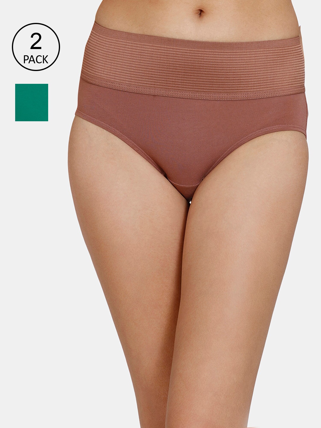 

Zivame Pack of 2 Brown & Green Solid High-waist Hipsters ZI2684FASHABLU