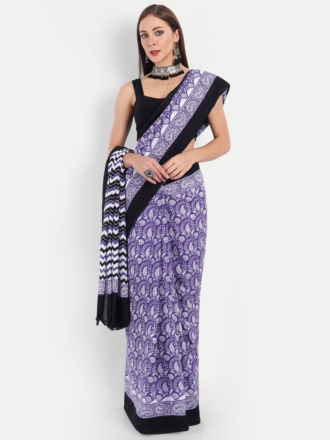 

BUTA BUTI Purple & Black Paisley Pure Cotton Saree