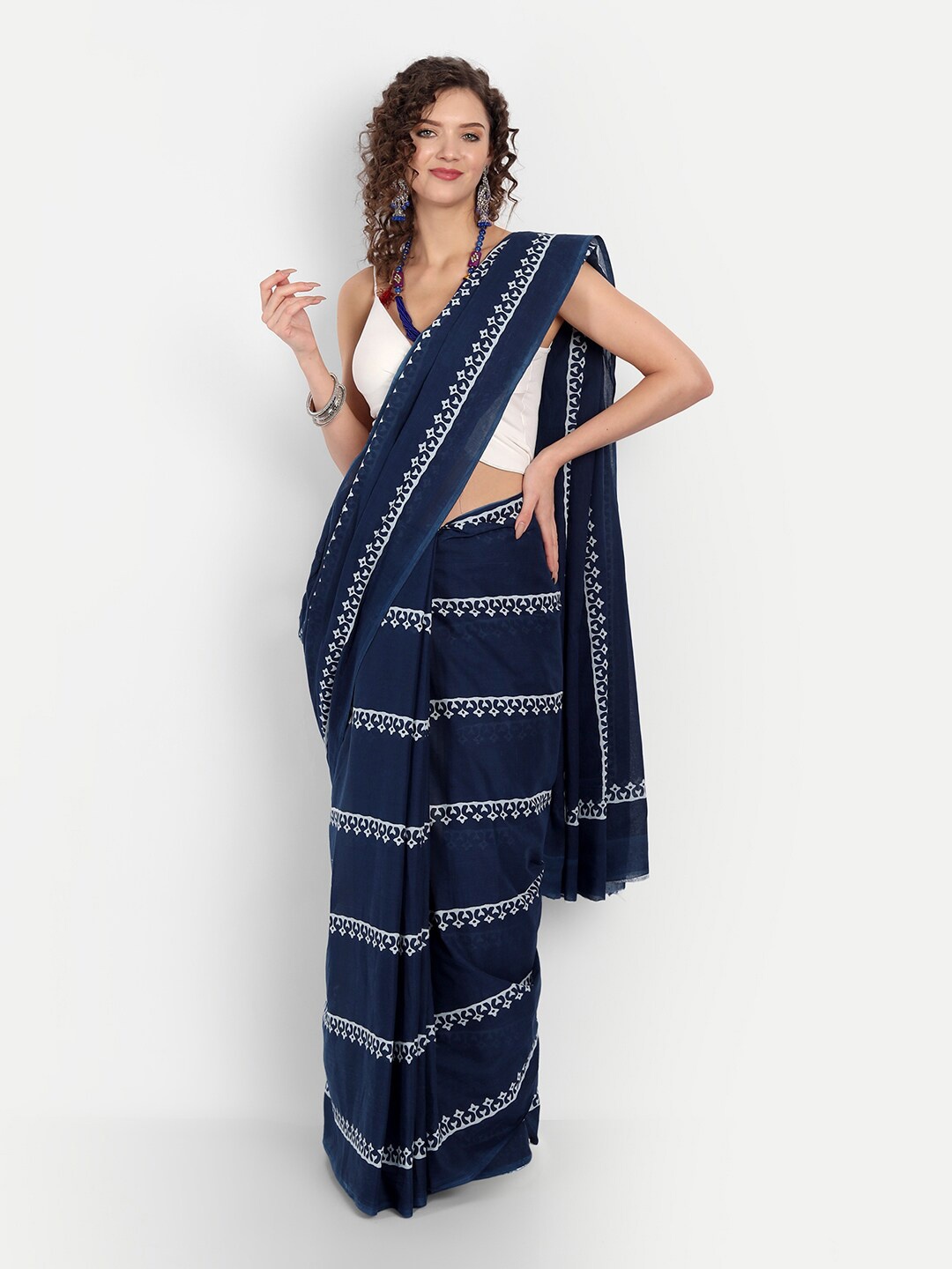 

BUTA BUTI Women Blue & White Ethnic Motifs Printed Pure Cotton Saree