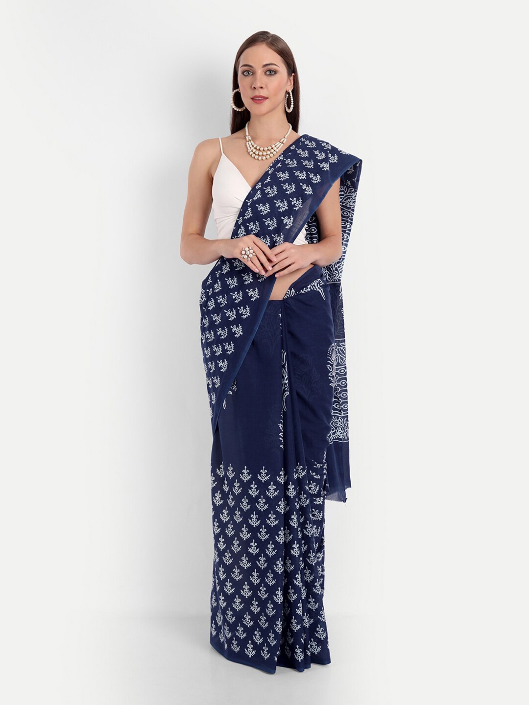 

BUTA BUTI Blue & White Floral Pure Cotton Saree