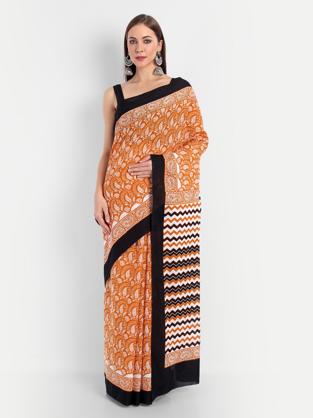 

BUTA BUTI Orange & White Paisley Pure Cotton Saree