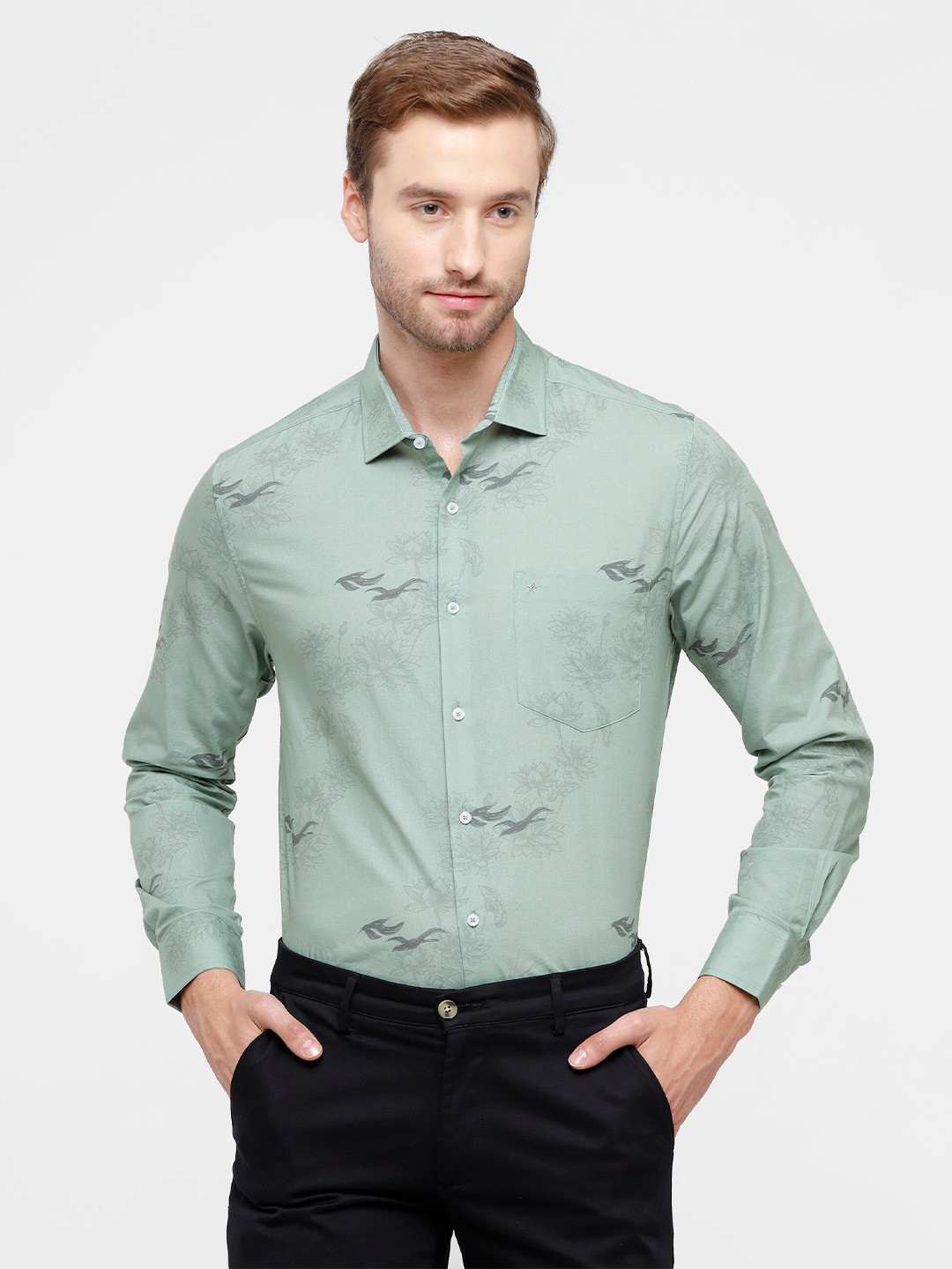 

CROYDON UK Men Olive Green Regular Fit Classic Printed Semiformal Shirt