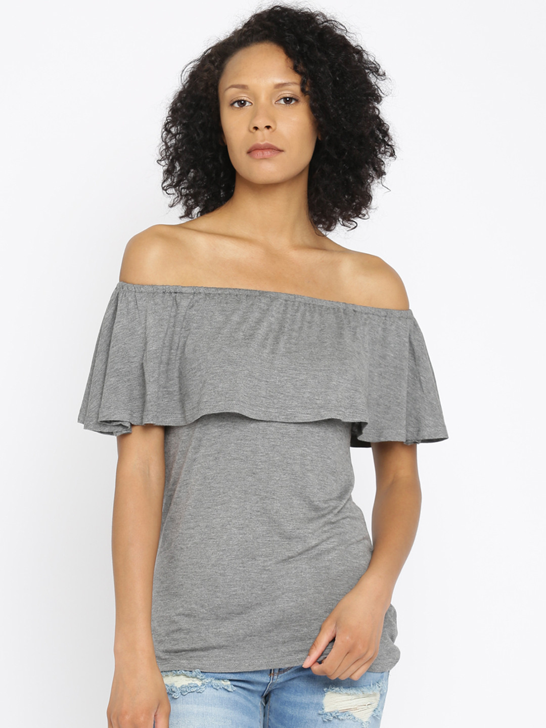 

AND Women Grey Solid Bardot Top