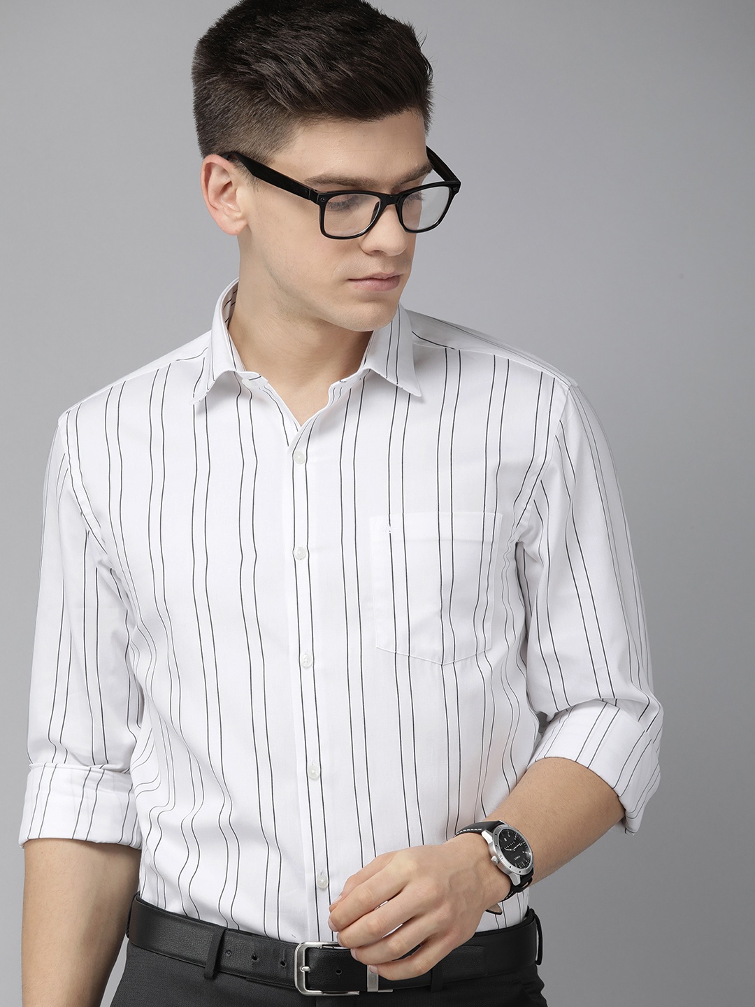 

Arrow Men White & Navy Blue Manhattan Slim Fit Striped Pure Cotton Formal Shirt