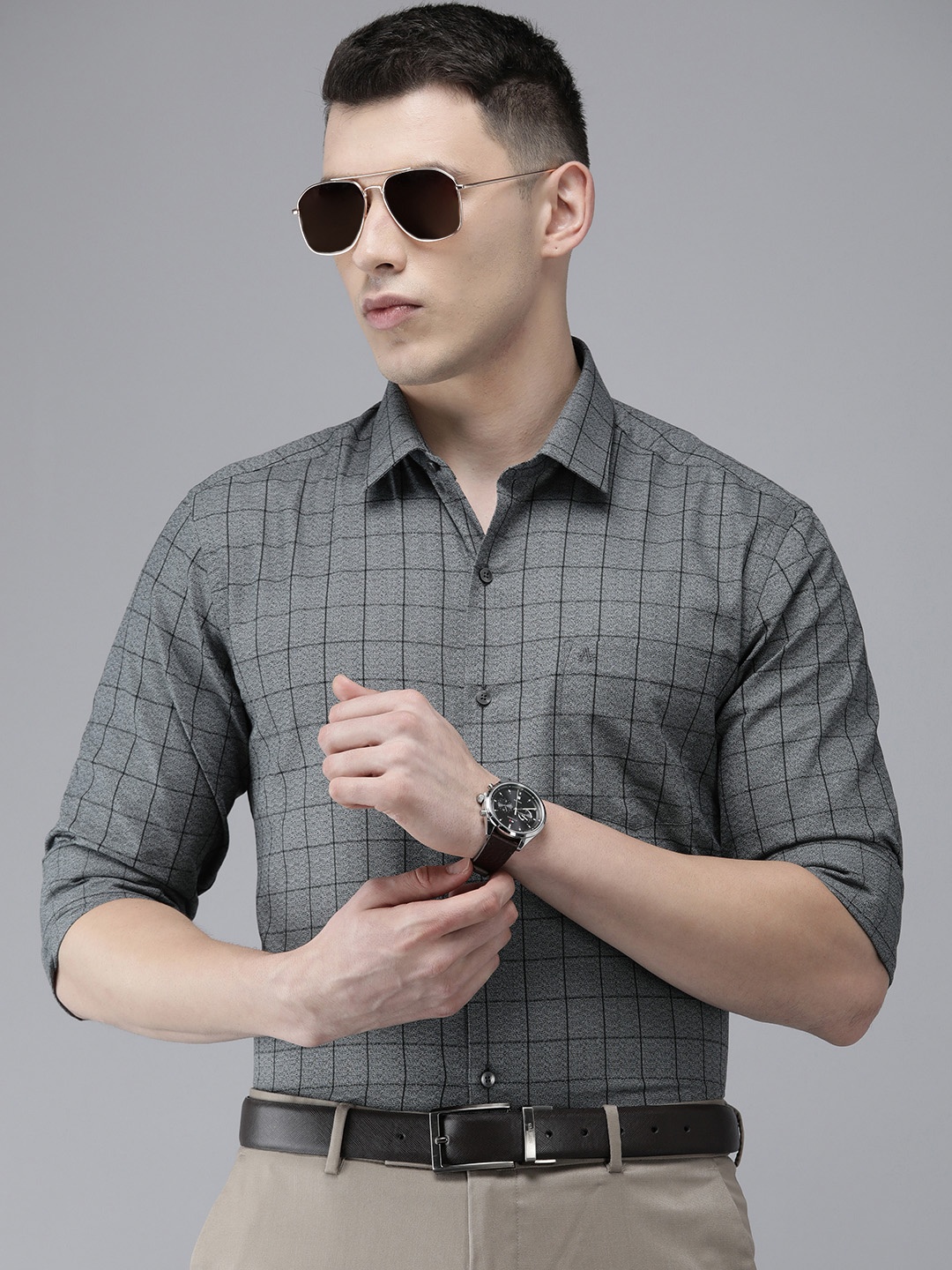 

Arrow Men Grey Melange Manhattan Slim Fit Grid Tattersall Checks Formal Shirt