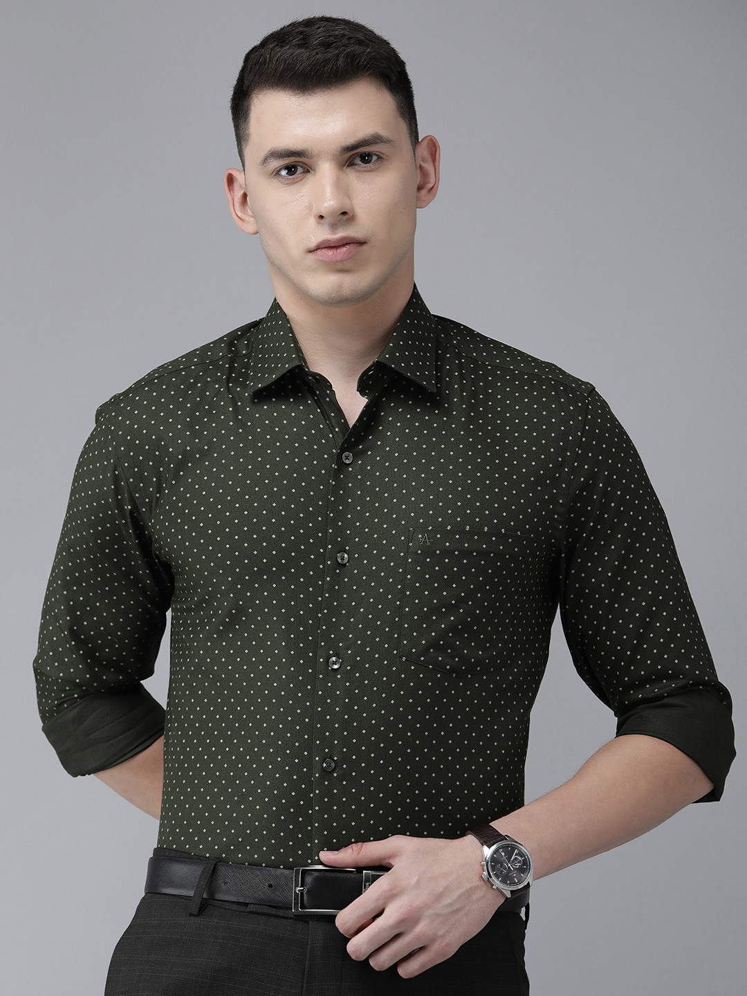 

Arrow Men Olive Green &White Slim Fit Printed Pure Cotton Formal Shirt