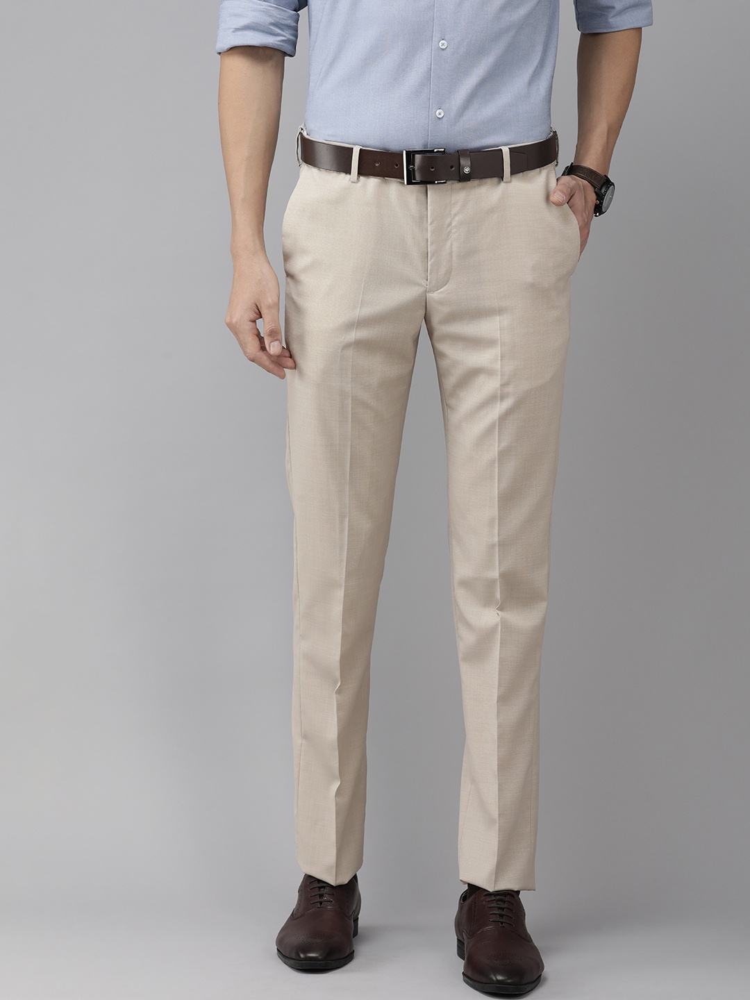 

Arrow Men Beige Self Design Original Slim Fit Mid-Rise Formal Trousers