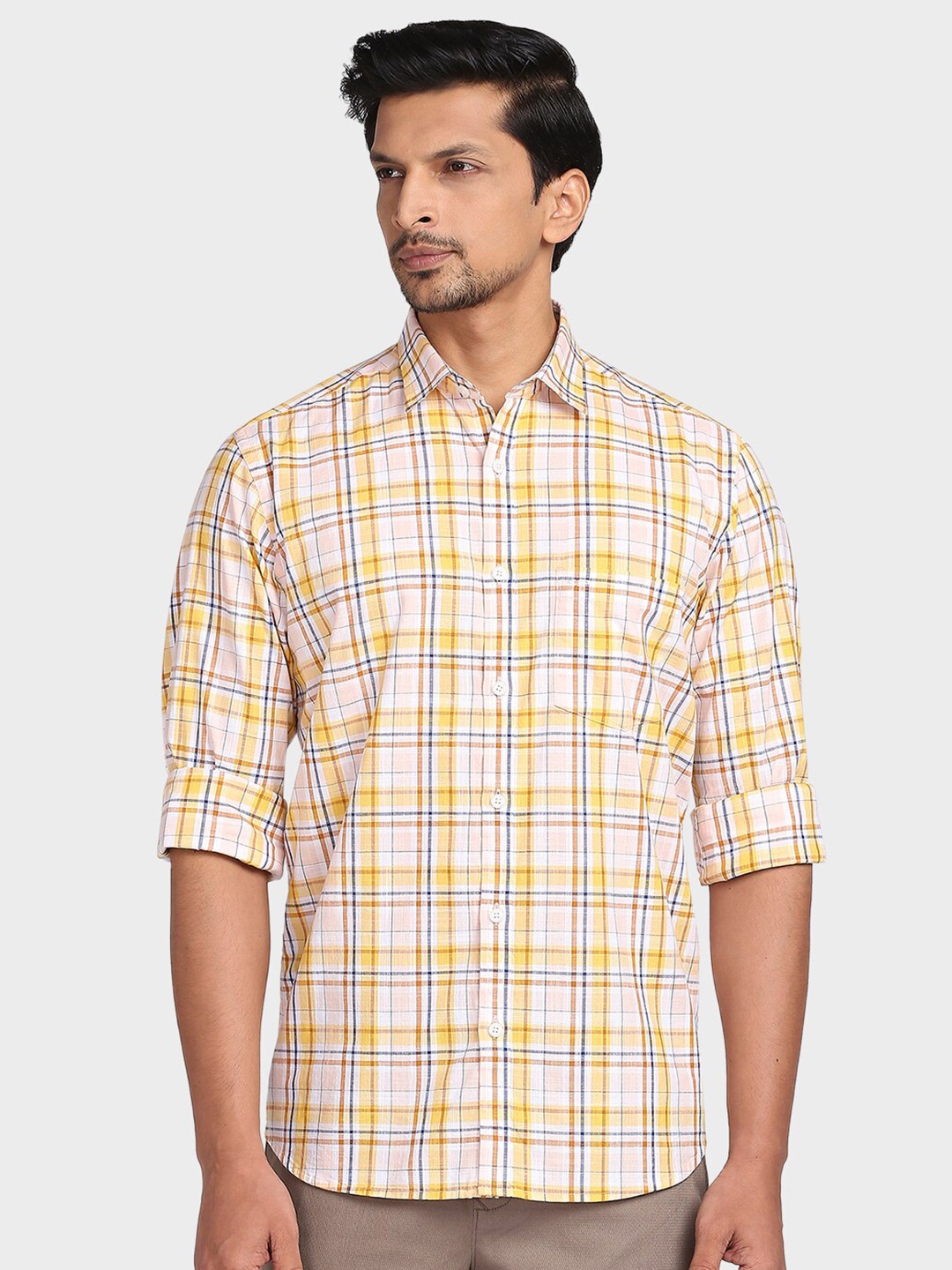 

ColorPlus Men Yellow Tailored Fit Checked Casual Shirt
