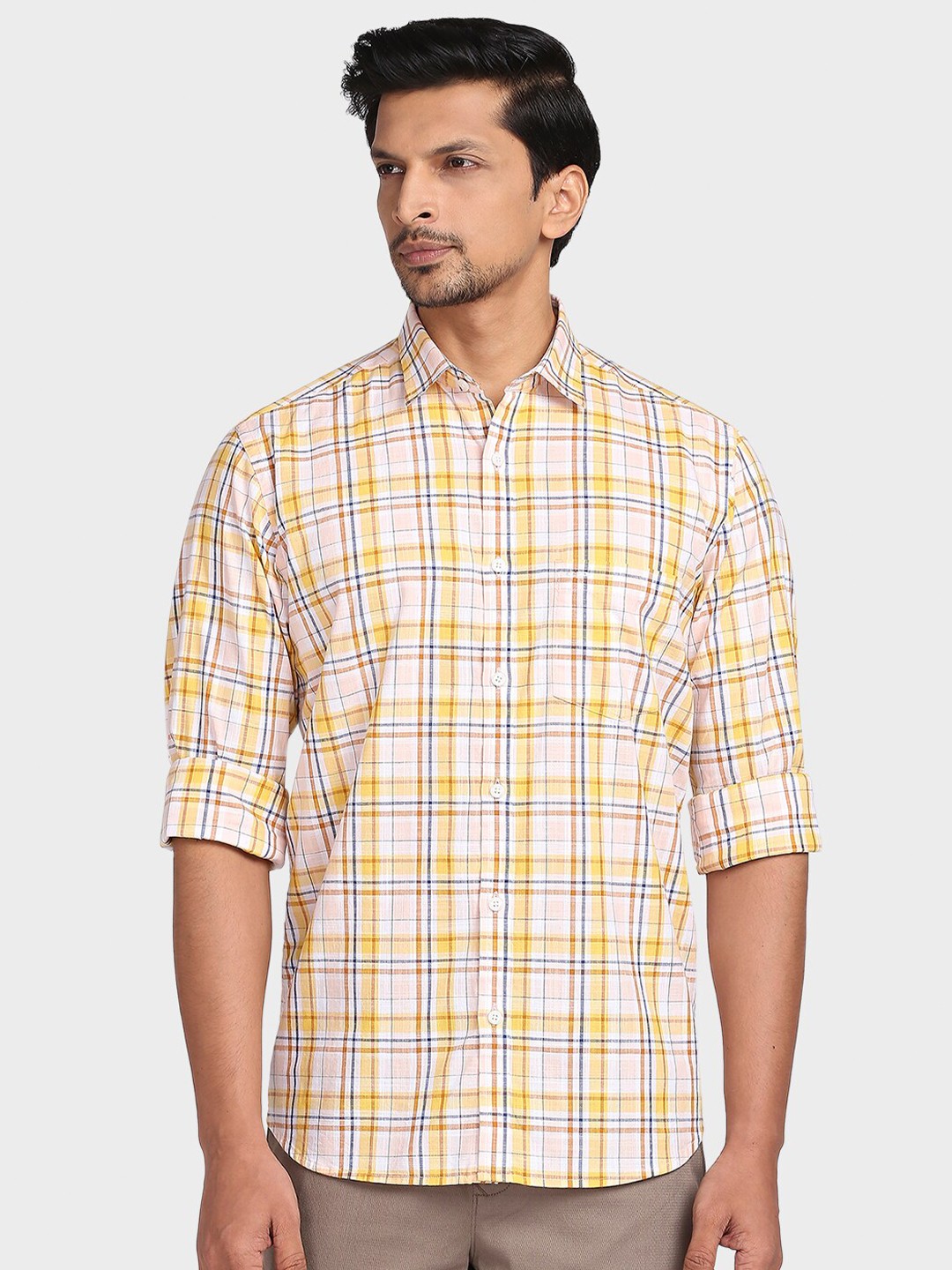

ColorPlus Men Yellow Tailored Fit Checked Casual Shirt