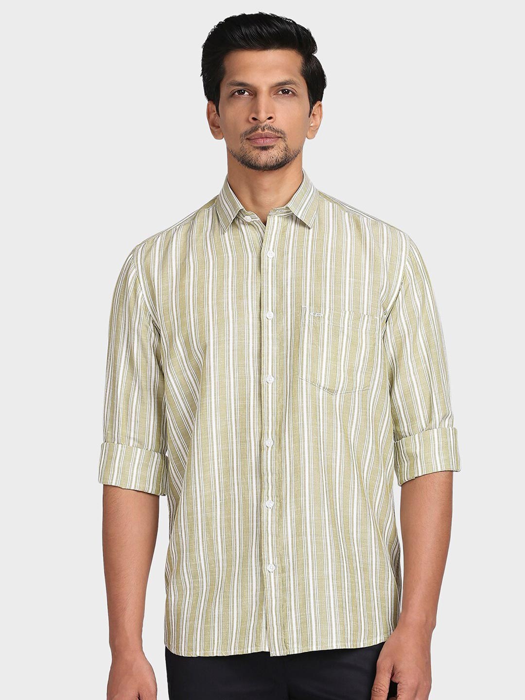 

ColorPlus Men Olive Green Tailored Fit Striped Casual Shirt