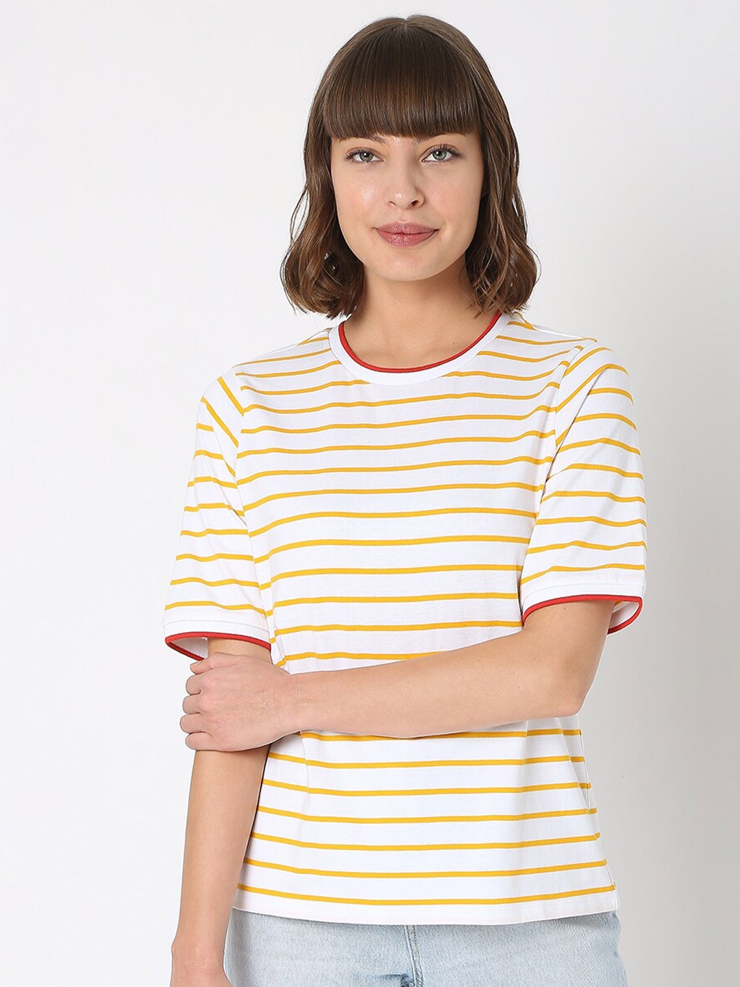 

Vero Moda Women White & Gold-Toned Striped T-shirt
