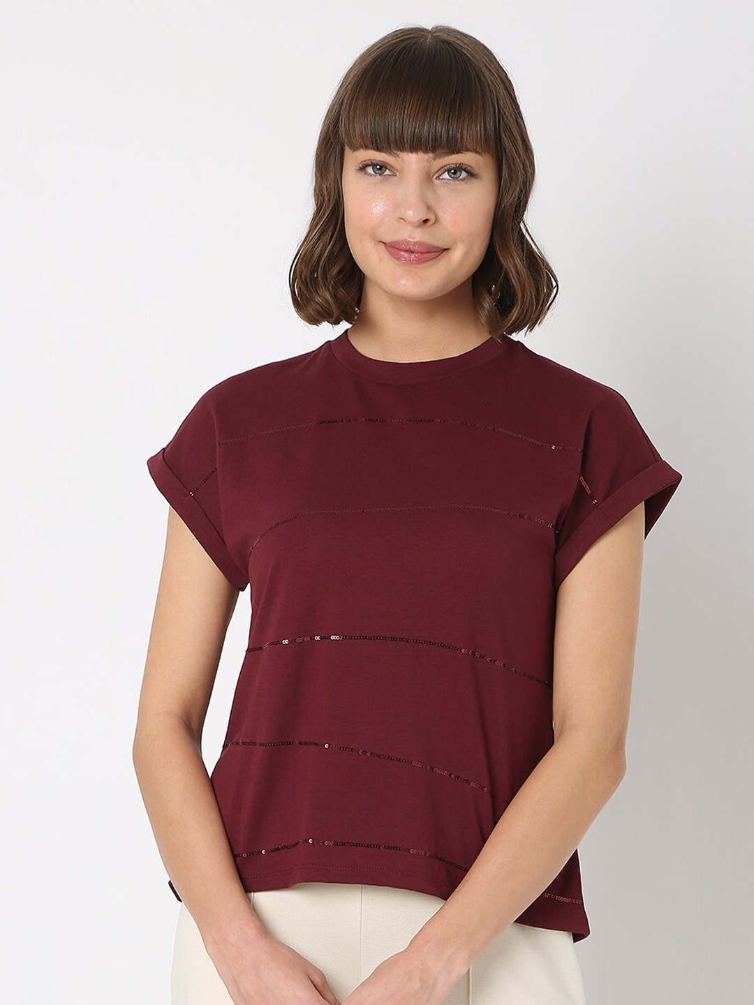 

Vero Moda Women Wine Red Extended Sleeves T-shirt