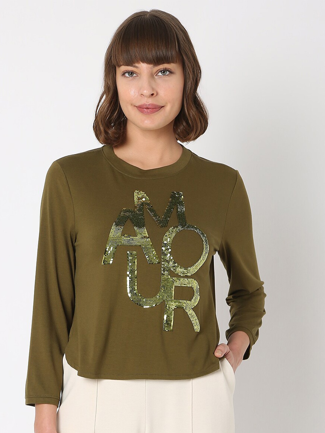 Vero Moda Women Green Typography Sequined T-shirt