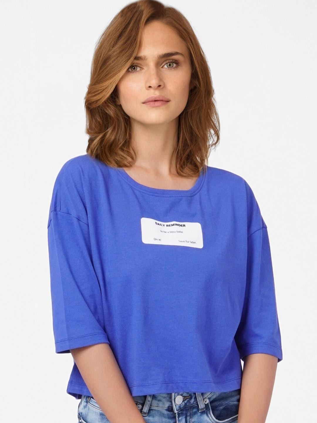 

Vero Moda Women Blue Typography Printed Drop-Shoulder Sleeves T-shirt