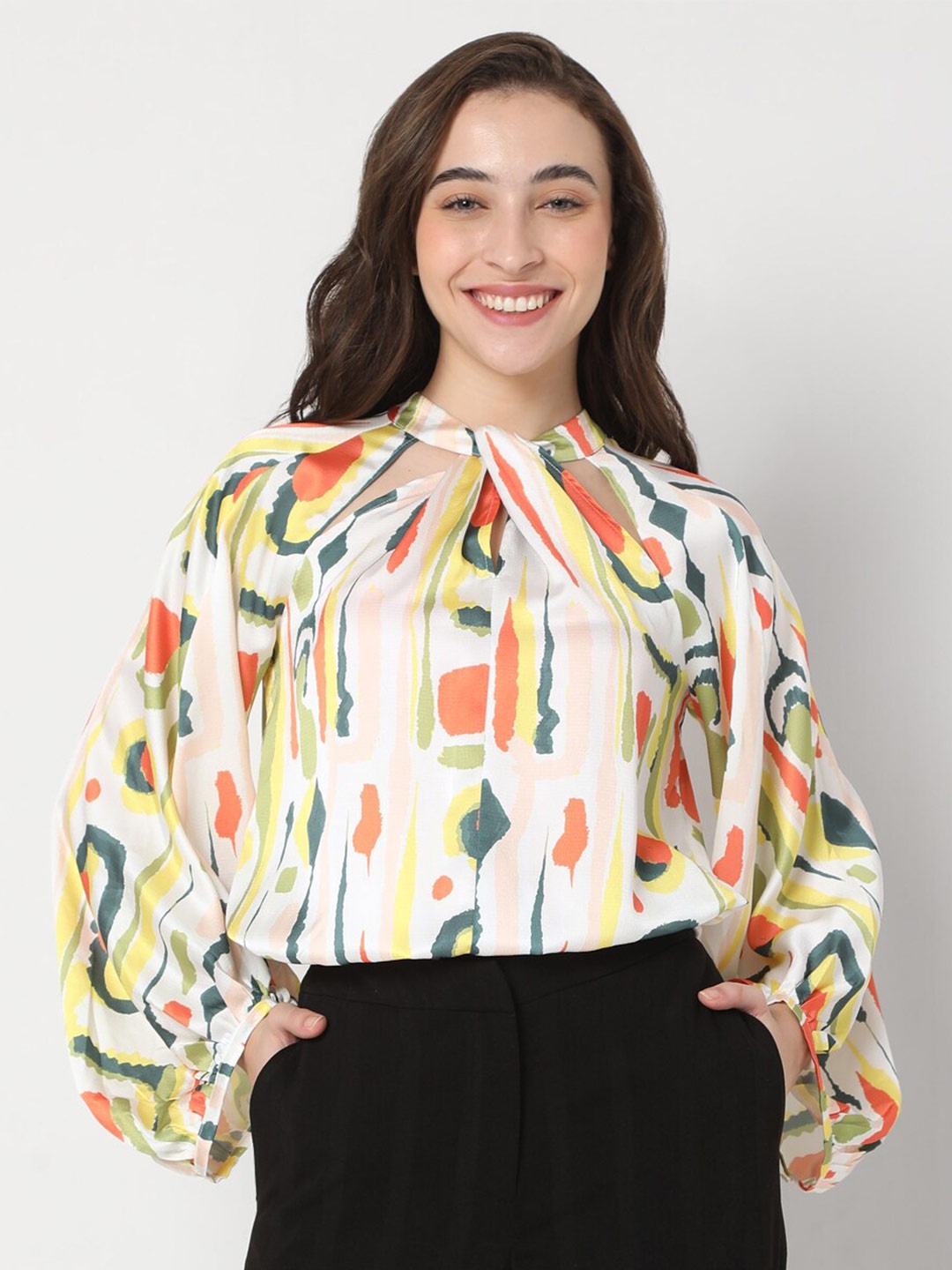 Vero Moda White & Green Print Tie-Up Neck Top