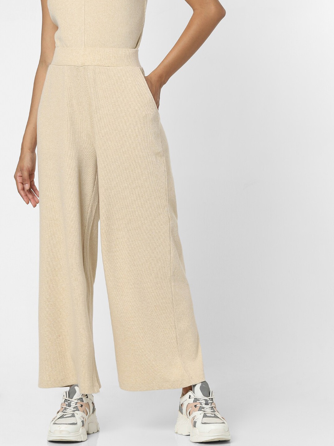 

ONLY Women Beige Textured Flared High-Rise Trousers