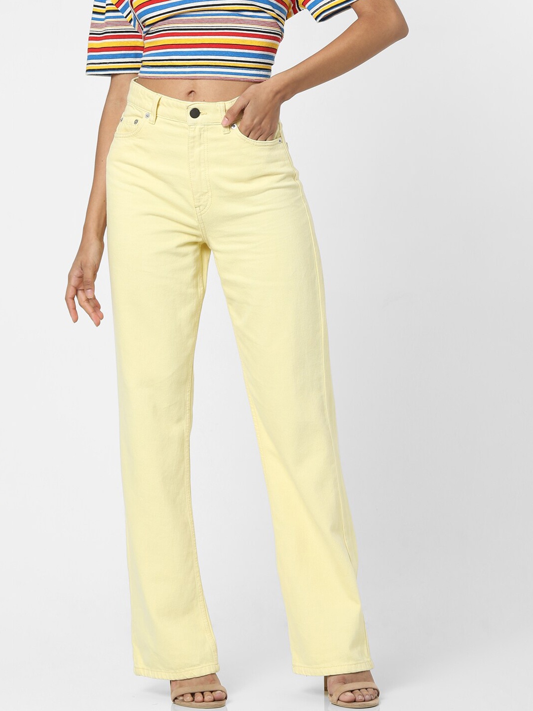 

ONLY Women Yellow Straight Fit High-Rise Slash Knee Jeans