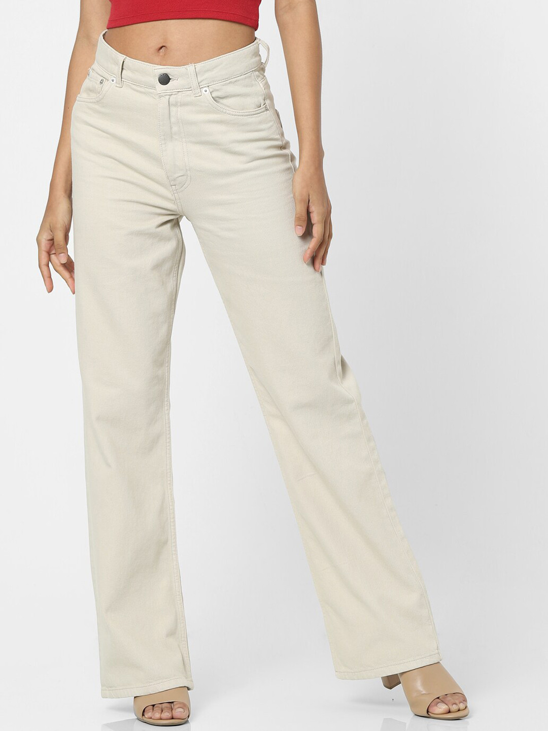 

ONLY Women Off White Straight Fit High-Rise Jeans