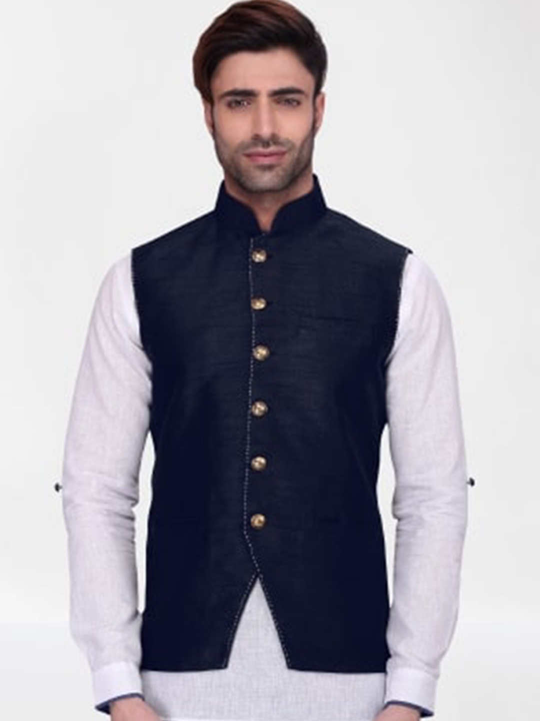 

RG DESIGNERS Men Navy Blue Solid Woven Nehru Jacket