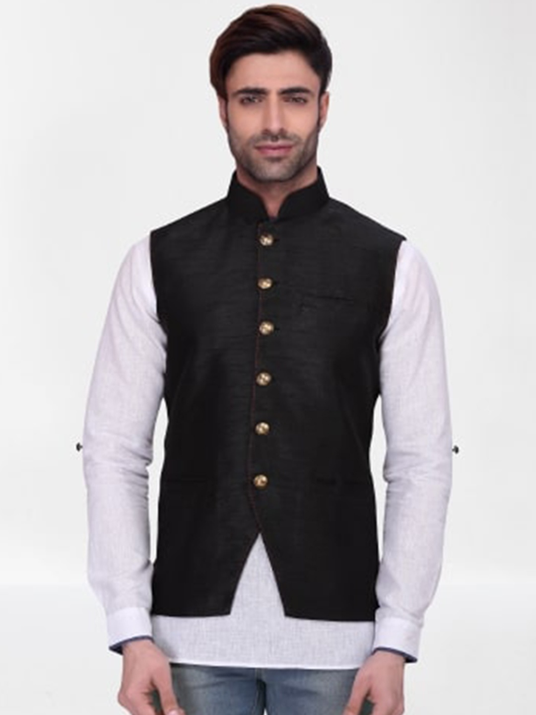 

RG DESIGNERS Men Black Solid Woven Nehru Jackets