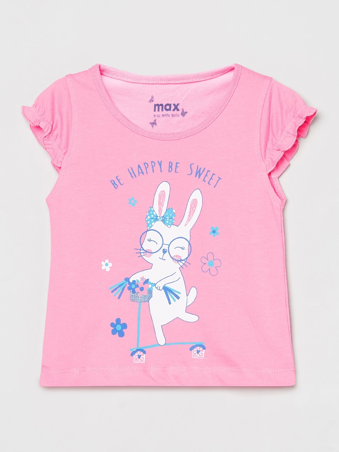 

max Girls Pink & Blue Printed Puff Sleeves T-shirt