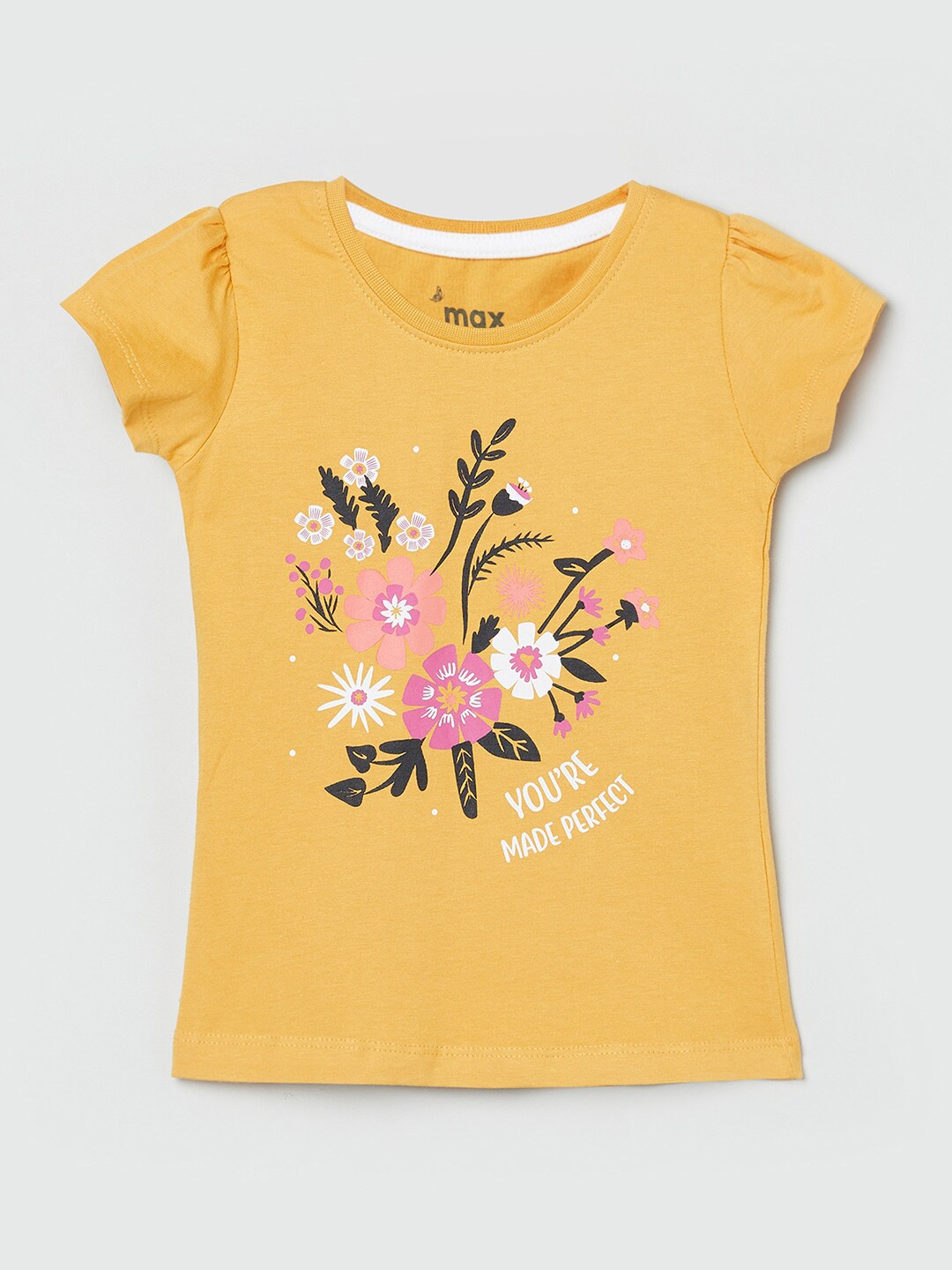 

max Girls Yellow Printed Puff Sleeves T-shirt