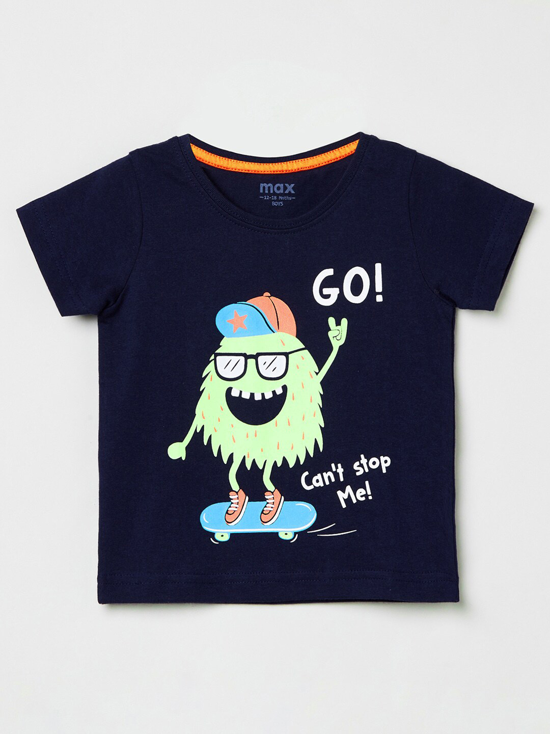 

max Boys Navy Blue & Green Printed Tropical Typography T-shirt