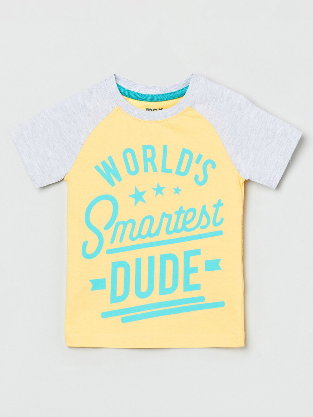 

max Boys Yellow & Grey Typography Printed Pure Cotton T-shirt