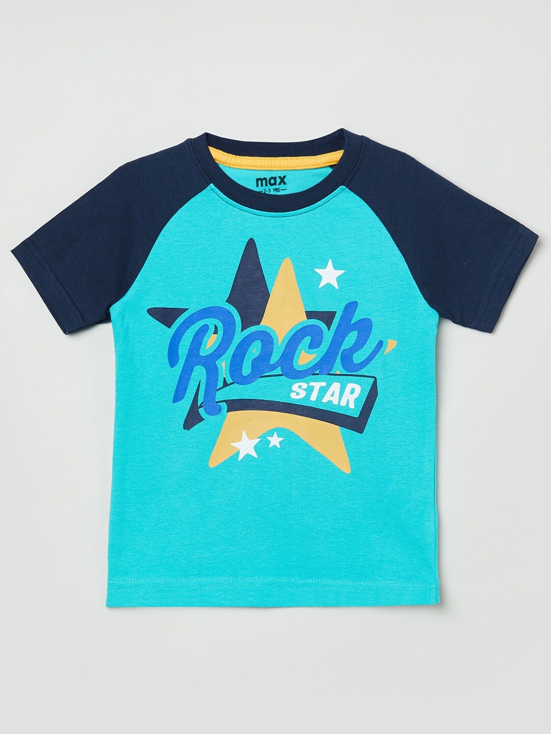 

max Boys Navy Blue & Turquoise Blue Typography Printed T-shirt