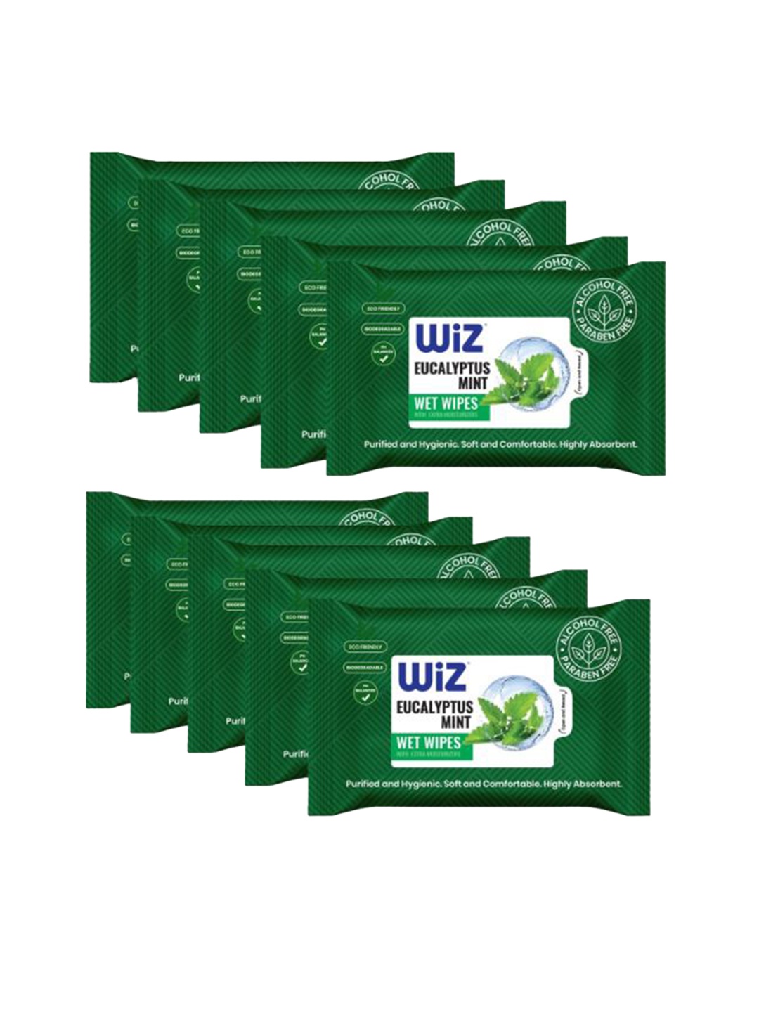 

Wiz Set of 10 Eucalyptus Mint Refreshing Wet Wipes - 25 Pulls each, Green