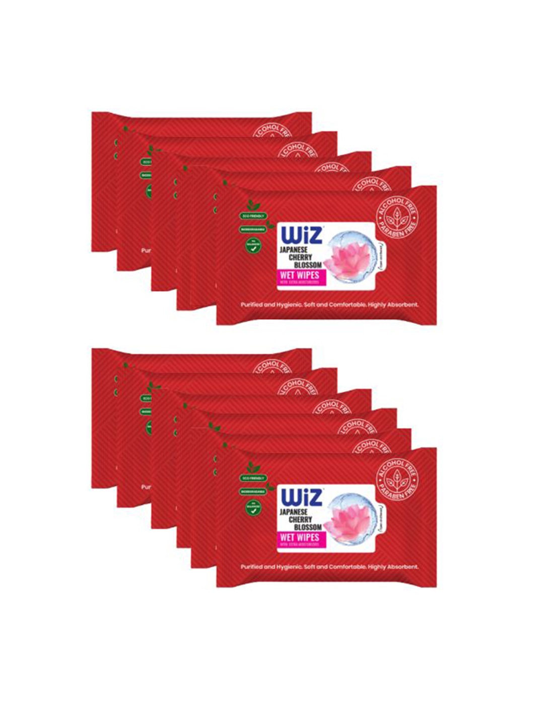

Wiz Set of 10 Japanese Cherry Blossom Refreshing Wet Wipes - 25 Pulls Each, Red