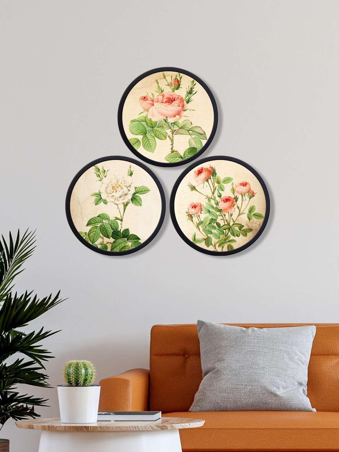 

999Store Set Of 3 Yellow Floral Printed Round Panting Wall Art