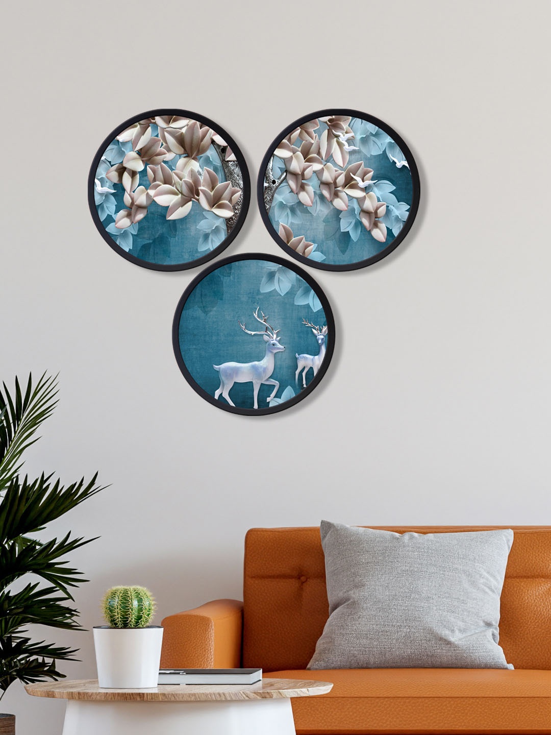 

999Store Set Of 3 Blue Floral Printed Round Wall Art