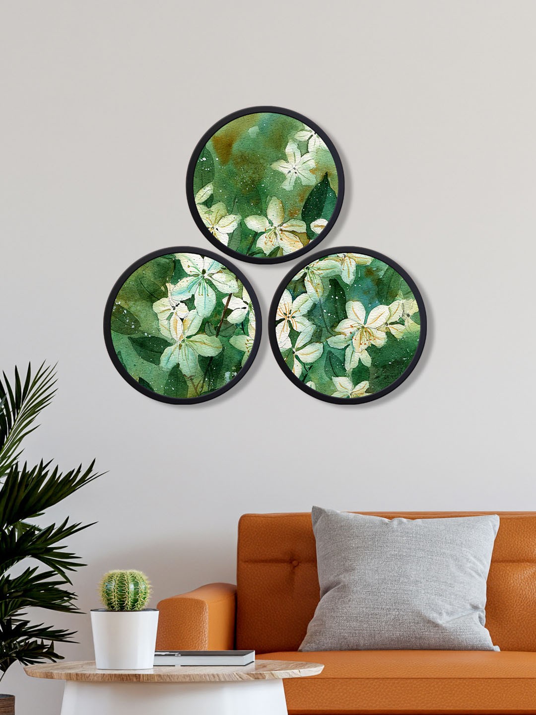 

999Store Set Of 3 Green Floral Round Paintings Wall Art