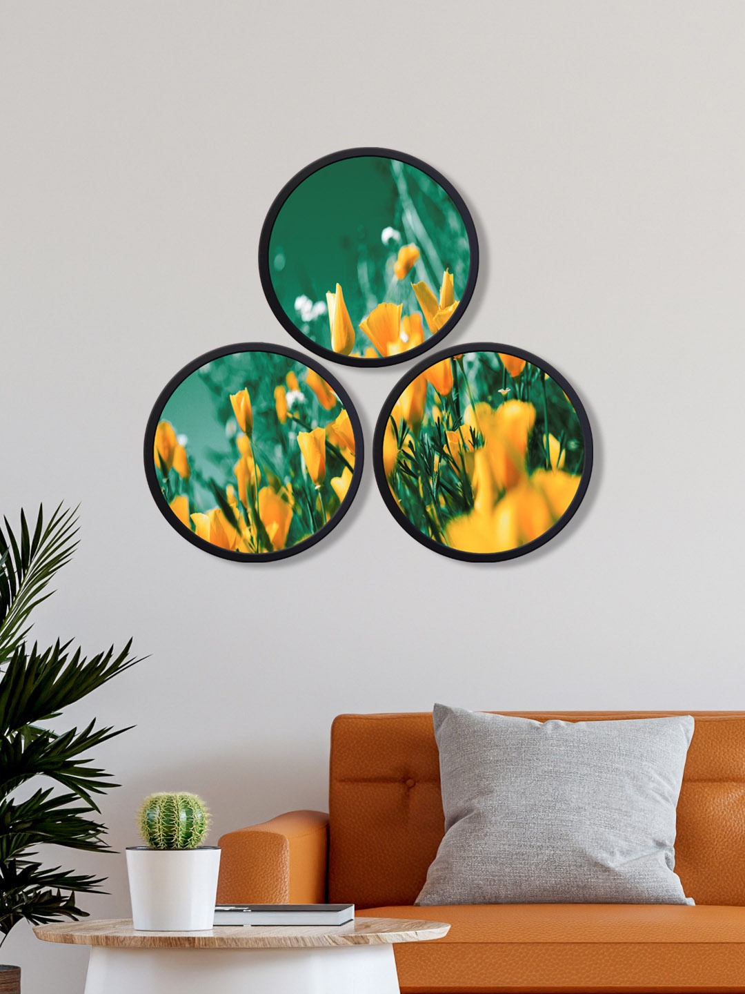 

999Store Pack Of 3 Green Floral Printed Round Wall Art