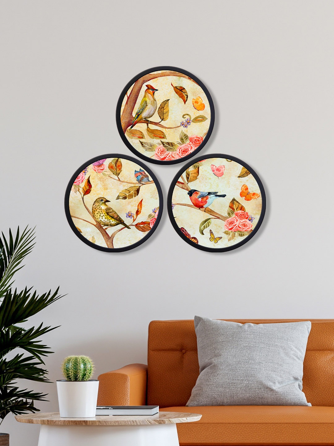 

999Store Set Of 3 Multicolured Printed Round Wall Art, Multi