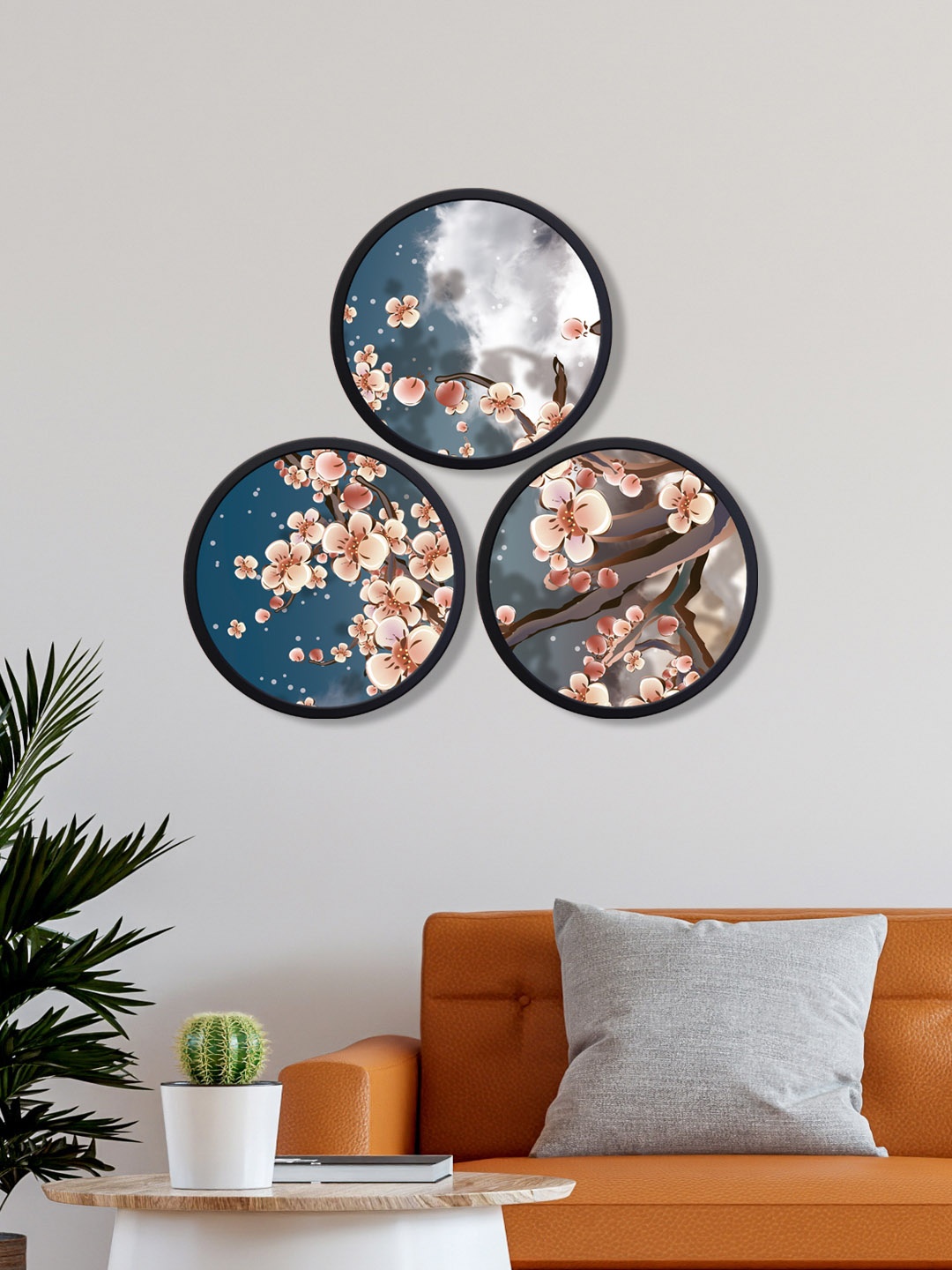 

999Store Set Of 3 Blue Floral Round Painting Frame Wall Art