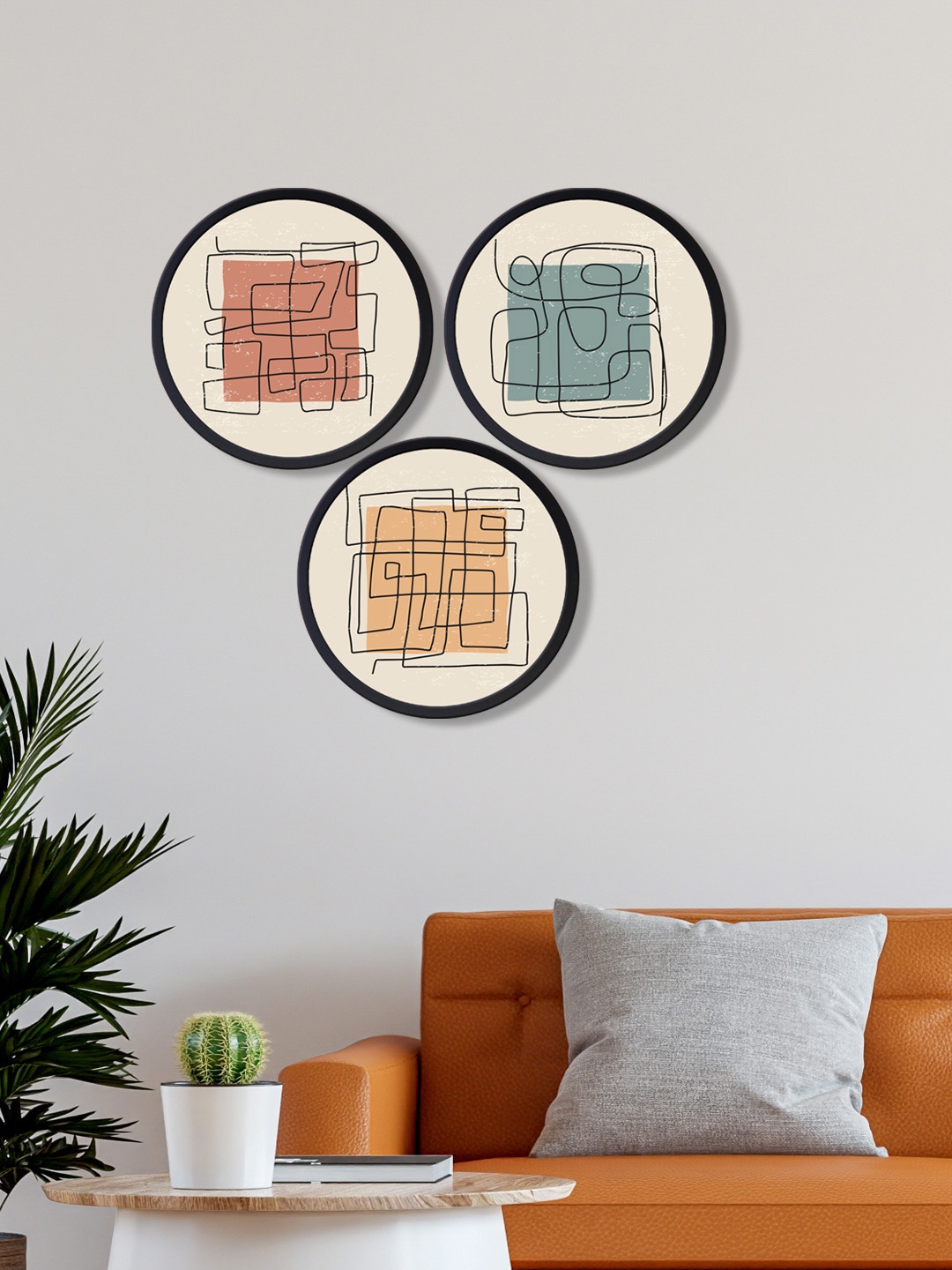 

999Store Set of 3 Beige & Black Abstract Printed Round Wall Art