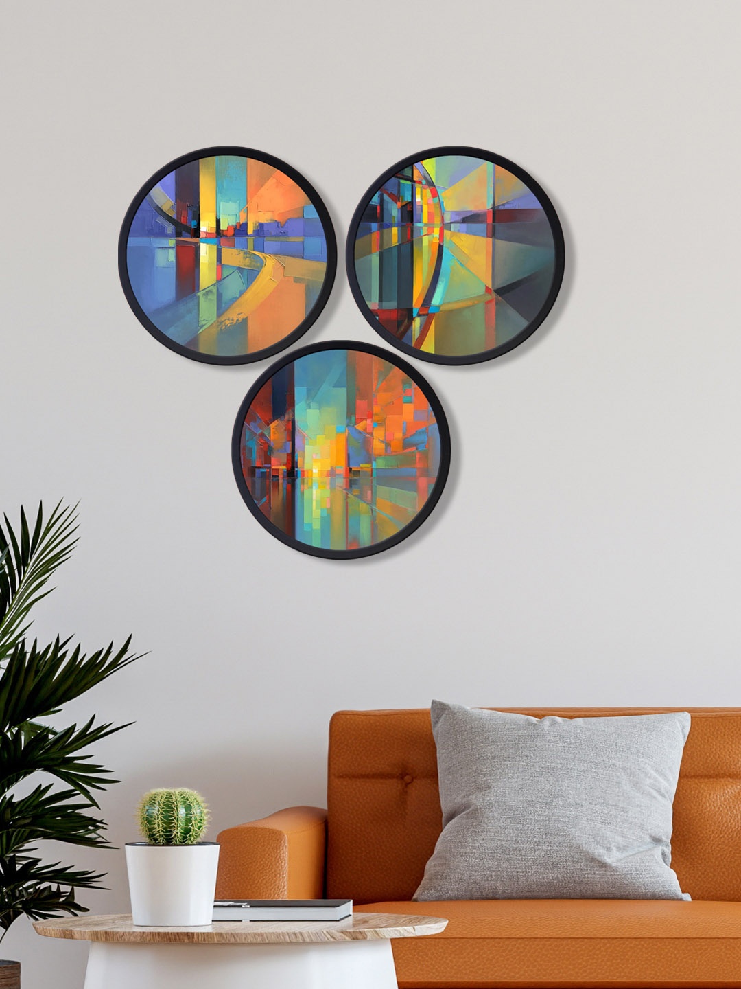 

999Store Set Of 3 Blue & Orange Printed Abstract Wall Art