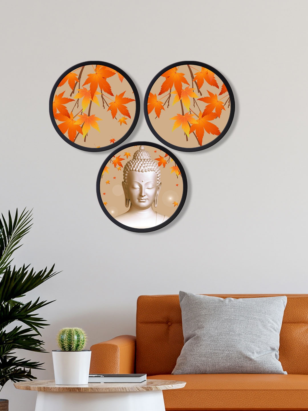 

999Store Set Of 3 Orange Lord Buddha With Leaves Printed Round Wall Art